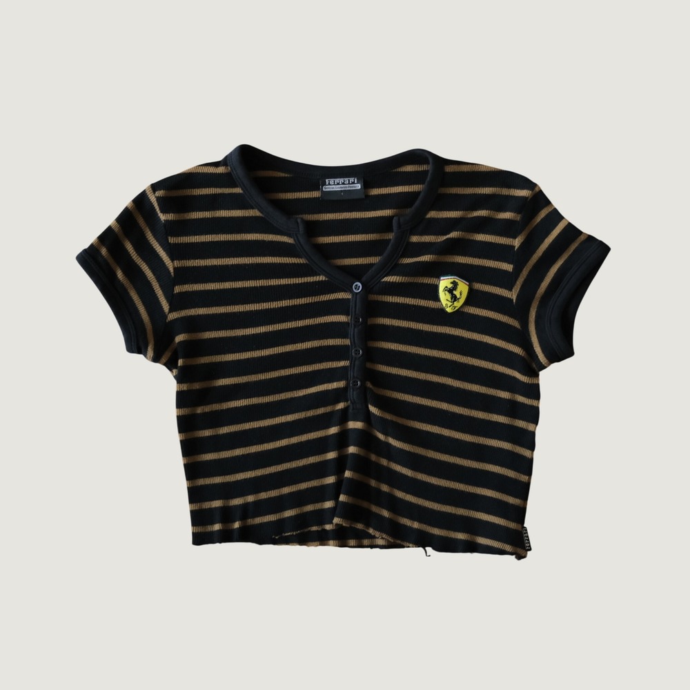 Ferrari Crop Top Black Gold Striped Henley Logo Ribbed Racing Y2K Size 1